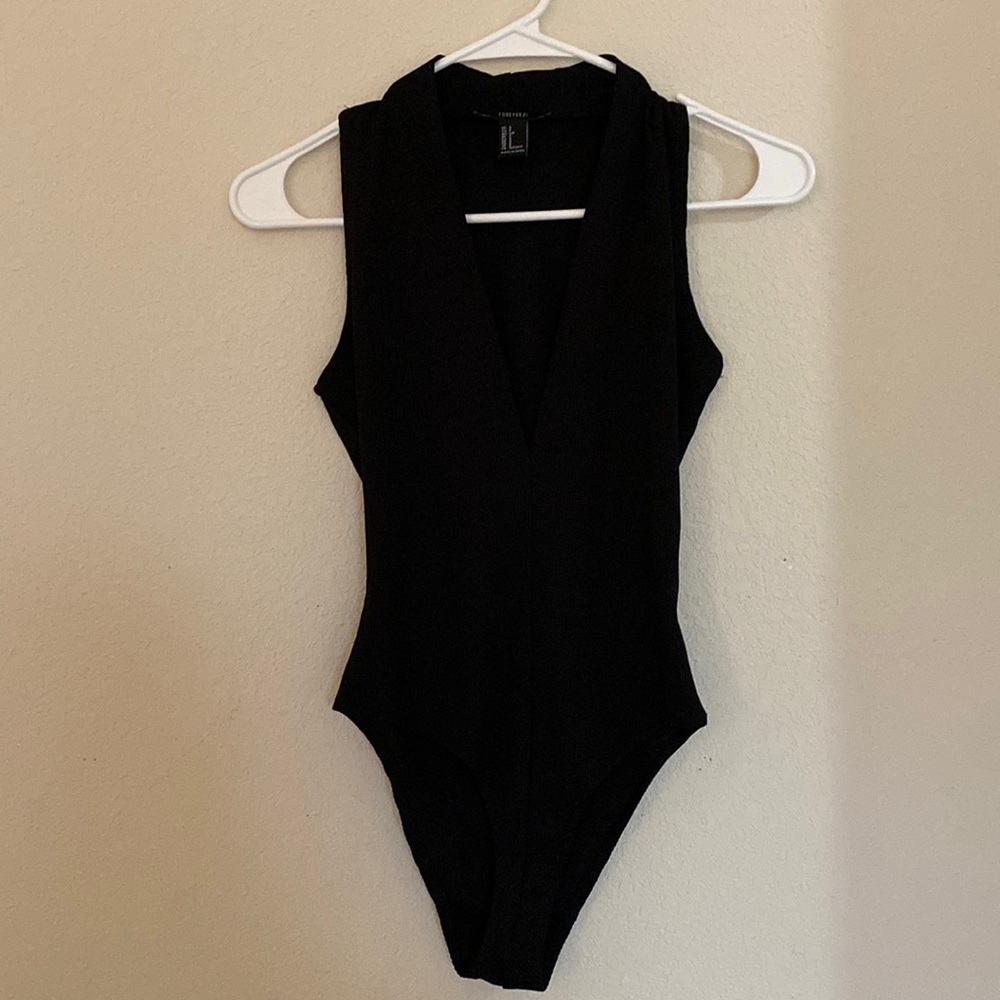 Deep V Black Bodysuit